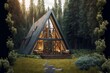 small country cottage in form of a-frame cabin near forest, created with generative ai