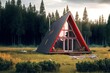 small a-frame cabin with red trim on ious field, created with generative ai
