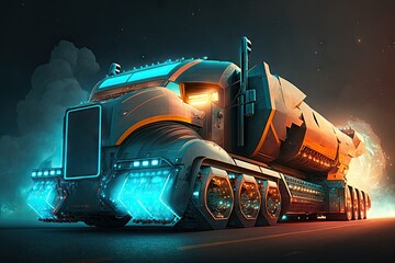 Canvas Print - futuristic cargo truck of future with powerful engine and shining lights, created with generative ai