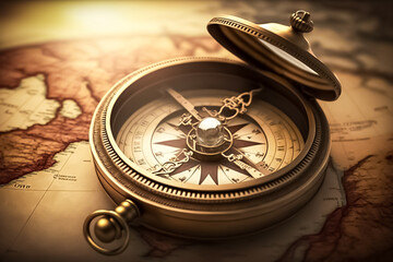 generative AI, vintage Luxury Golden compass on the classic vintage world map in sunlight shining