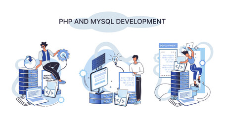 Wall Mural - php and mysql development vector set. database management system. popular open source general purpos