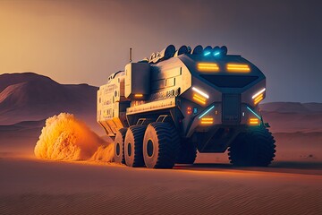 Canvas Print - futuristic cargo truck of future with illuminated headlights drives through desert, created with generative ai