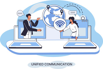 Wall Mural - unified communication metaphor. characters use wireless telephony connection. telecommunication syst
