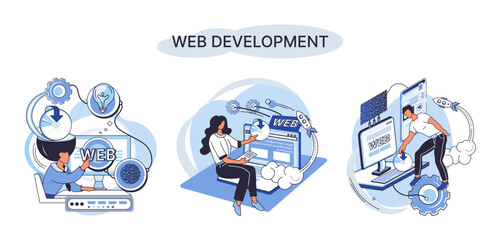 Web development metaphor, coding and programming responsive layout internet site or app of devices. Creation digital Software mobile, desktop platforms. Computer code, tablet, phone, digital business