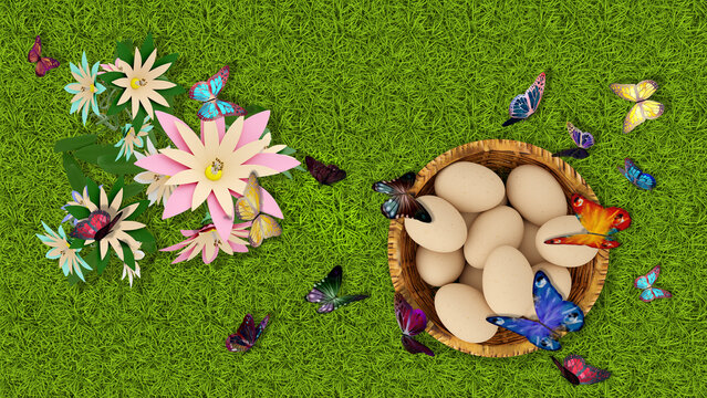 Wall Mural -  - Illustrazione 3D. Primavera, estate, Pasqua. Cestino di uova con prato e farfalle, sullo sfondo cielo e alberi. Margherite e fiori colorano il prato verde..