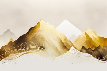 Poster - Golden mountains, sharp peaks of mountains. Beautiful, minimalist print for your decor for postcard, congratulations and poster. Generative AI