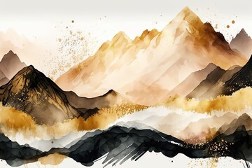 Canvas Print - Golden mountains with sharp ridges. Beautiful, minimalistic print for your decor for postcard, congratulations and poster. Generative AI