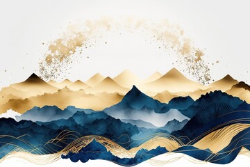 Sticker - Blue mountains with golden ridges. Beautiful, minimalistic print for your decor for postcard, congratulations and poster. Generative AI