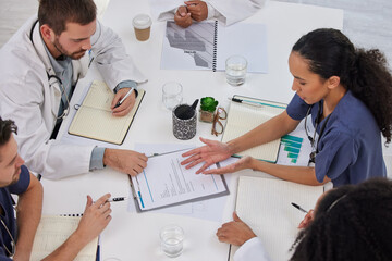 Above discussion of medical teamwork, meeting or paperwork report of test results at table. Diversity, hospital doctors and healthcare documents of research, surgery analysis or planning clinic notes