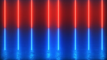 3d Render, Glowing Neon Blue, Red Vertical Laser Lines Abstract Background