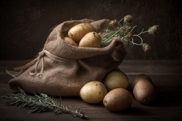 Wall Mural - close-up of potatoes and sticks in a burlap bag on a wooden table. Generative AI