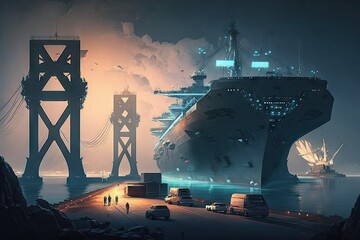 Wall Mural - bridge with lights, cargo ships in futuristic cargo port of future, created with generative ai