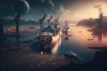 Canvas Print - beautiful modern industrial city with futuristic cargo port of future, created with generative ai