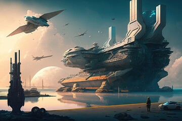 Wall Mural - futuristic cargo port of future with large space ships and flying drones, created with generative ai