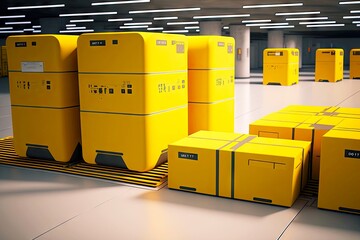 Wall Mural - many yellow delivering boxes are in airport baggage claim area, created with generative ai