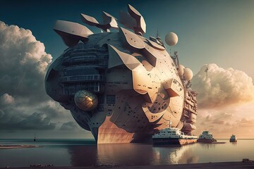 Canvas Print - huge space ship anchored in bay of futuristic cargo port of future, created with generative ai