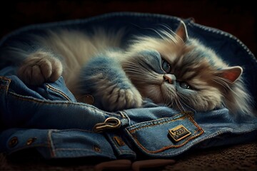 Wall Mural - persian cat laying on a pair of denim jeans. generative ai