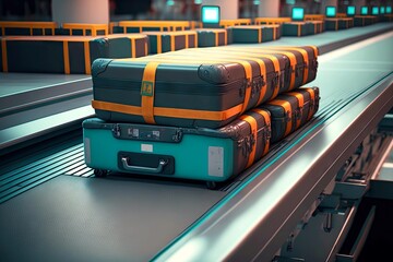 Wall Mural - luggage in suitcases is delivered by conveyor in airport baggage claim area, created with generative ai