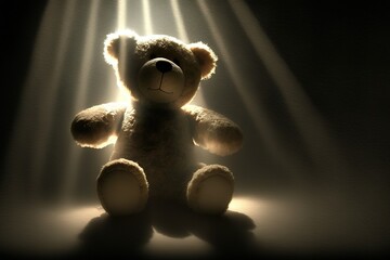 Sticker - Teddy bear sits in the rays of a bright spotlight. Generative AI