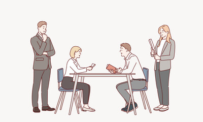 Wall Mural - Meeting business people. Teamwork. Discussion of the company's business strategy. Hand drawn style vector design illustrations.