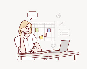 Wall Mural - woman working in office. hand drawn style vector design illustrations.