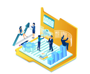 Wall Mural - vector of businesspeople working in an office analyzing financial data brainstorming new ideas
