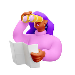 Sticker - 3d illustration. Cartoon girl 3d character with binocular and map. Сoncept of finding new solutions.