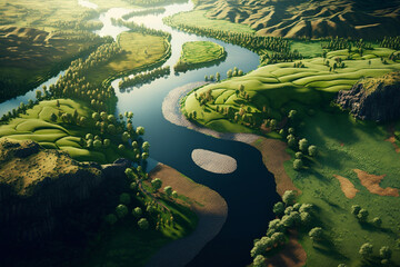 Canvas Print - Aerial view of river and green landscape generative AI