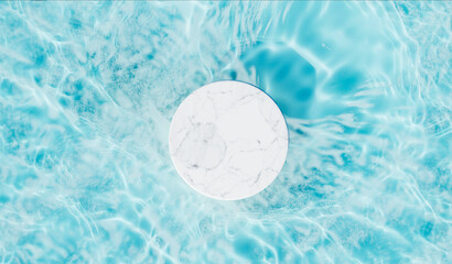 Top view of marble podium stand in swimming pool water mockup. Summer tropical background for luxury product placement.