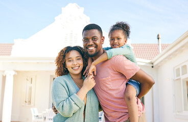 Wall Mural - Black family, portrait smile and hug for real estate, new home or property together in the outdoors. Happy mother and father with daughter on piggyback smiling for mortgage, house loan or investment