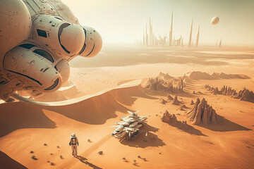 futuristic fantasy image city building on mars, flying ships with astronaut, colonization of mars re