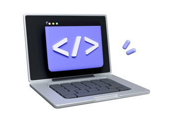 3d laptop and program code development. Web coding concept. Website programming. icon isolated on white background. 3d rendering illustration. Clipping path.