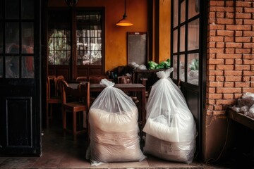 Poster - cleaned and stored garbage in plastic bags behind restaurant, created with generative ai