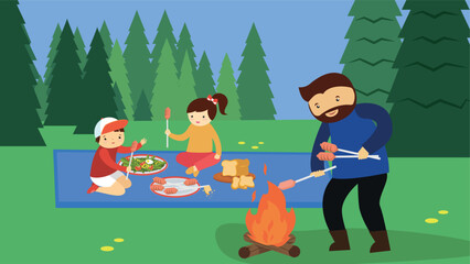 Canvas Print - Family having picnic in the forest. Father and daughter are cooking sausages on fire.