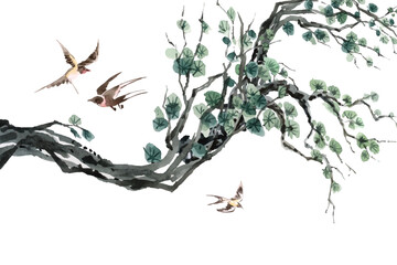 watercolor painting of chinese style branch and swallow