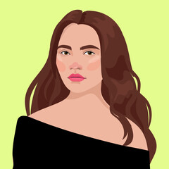 Wall Mural - Portrait of a beautiful woman with long hair on green background . Avatar for social media. Diversity. Bright illustration in flat style.