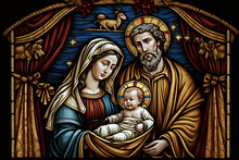 Christmas Banner Or Poster Featuring Mary And Joseph And The Infant Jesus In The Manger, Generative AI