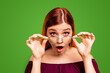 Oh no What are you doing Close up photo portrait of attractive pretty clever intelligent shocked geek nerd lady adjusting touching round spectacles isolated on bright background
