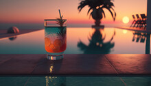 Cocktail On The Edge Of The Pool Overlooking The Sea, Holiday Concept Created With Generative AI Technology