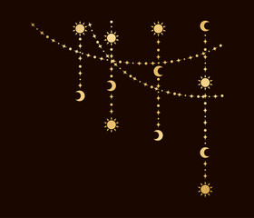 Wall Mural - Gold mystic celestial hanging garland frame corner with sun, stars, moon phases, crescents. Ornate bohemian magical curtain decorative element