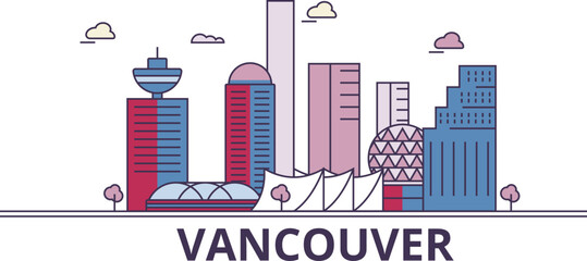 Wall Mural - Canada, Vancouver City tourism landmarks, vector city travel illustration