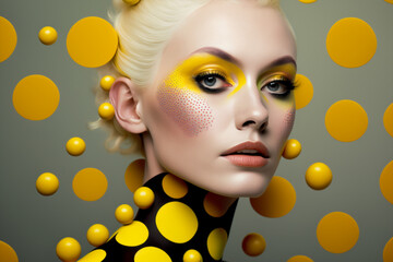 beautiful caucasian model with rounded spheres polka dot around , pop colorful optical style and makeup, looking at camera, generative ai illustration