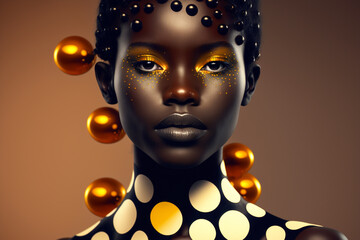 beautiful black model with rounded spheres polka dot around , pop colorful optical style and makeup, looking at camera, generative ai illustration