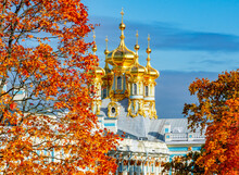 Resurrection Church Dome Of Catherine Palce In Autumn Foliage, Tsarskoe Selo (Pushkin), Saint Petersburg, Russia