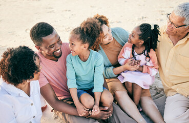 Wall Mural - Big family, grandparents or children at beach to relax with girls or siblings on summer holiday together. Happy African dad, mom or young kids love bonding or relaxing with grandmother or grandfather