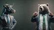 A bull and a bear dressed as stockbrokers face off in aggressive poses for a fierce trading battle. Generative AI.