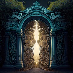 beautiful ornate entrance to paradise with two green trees gate of hell, created with generative ai