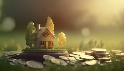 Wall Mural - a houses with a lot of coin stack on ground with sunlight , idea for property investment, income , tax, and passive income, Generative Ai