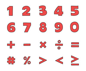 Collection of numbers from 0 to 9 and mathematical symbols. Hand drawn icons. Vector illustration