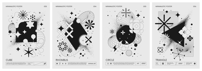Wall Mural - Futuristic retro vector minimalistic Posters with geometric shapes dissolve into dust and strange wireframes graphic figures, modern design inspired by brutalism and silhouette basic figures, set 14